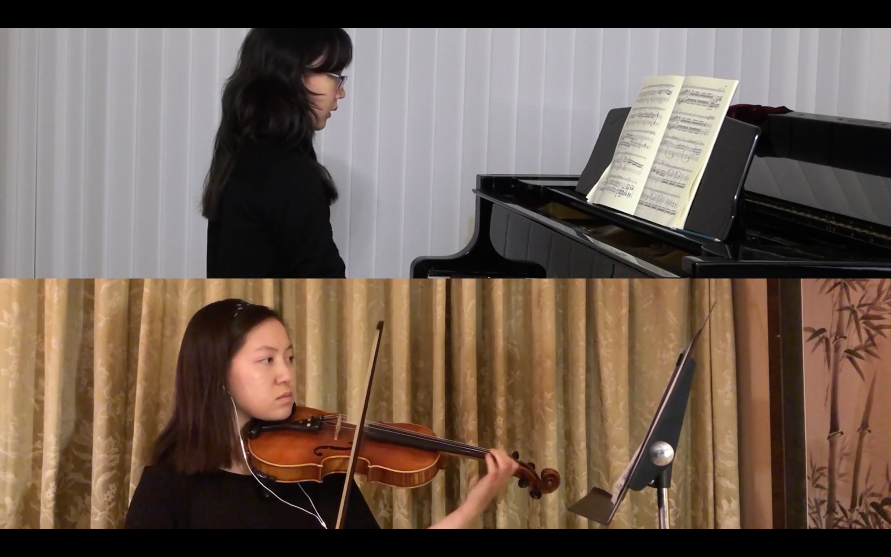 Zoom screens show Georgetown University Chamber Music Ensembles Program student pianist performing from Hong Kong at top, and violinist in the U.S. performing below.