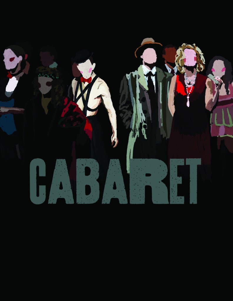 Sketched image of the emcee of Cabaret, wearing a harness and bowtie, surrounded by other men and women in the Kit Kat Club.